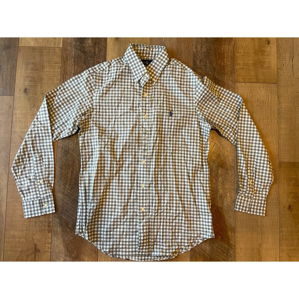 Ralph Lauren Mens Small Classic Fit Gingham Grey White Button Down Shirt New